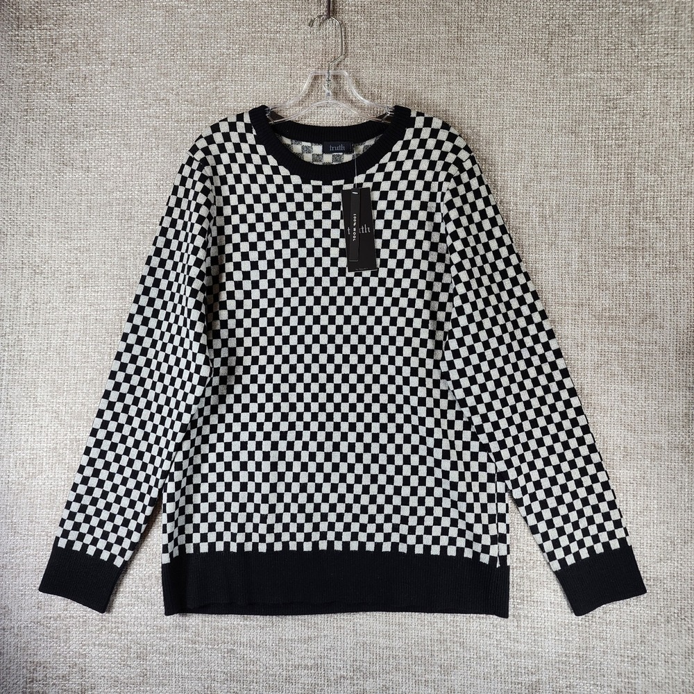 Truth Checkerboard Pattern 100% Wool Crew Sweater Mens L Black‎ White NWT